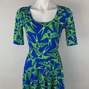 LulaRoe Royal Blue Neon Green Bird Nicole Fit Flare Stretch Dress Size M